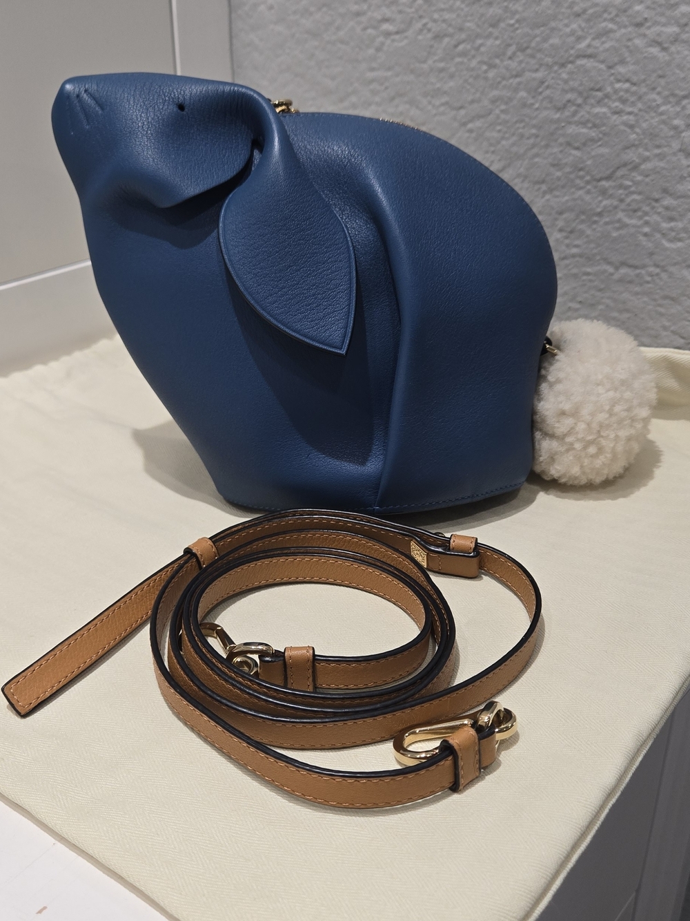 Loewe Blue Leather Bunny Crossbody Bag with Tan Strap